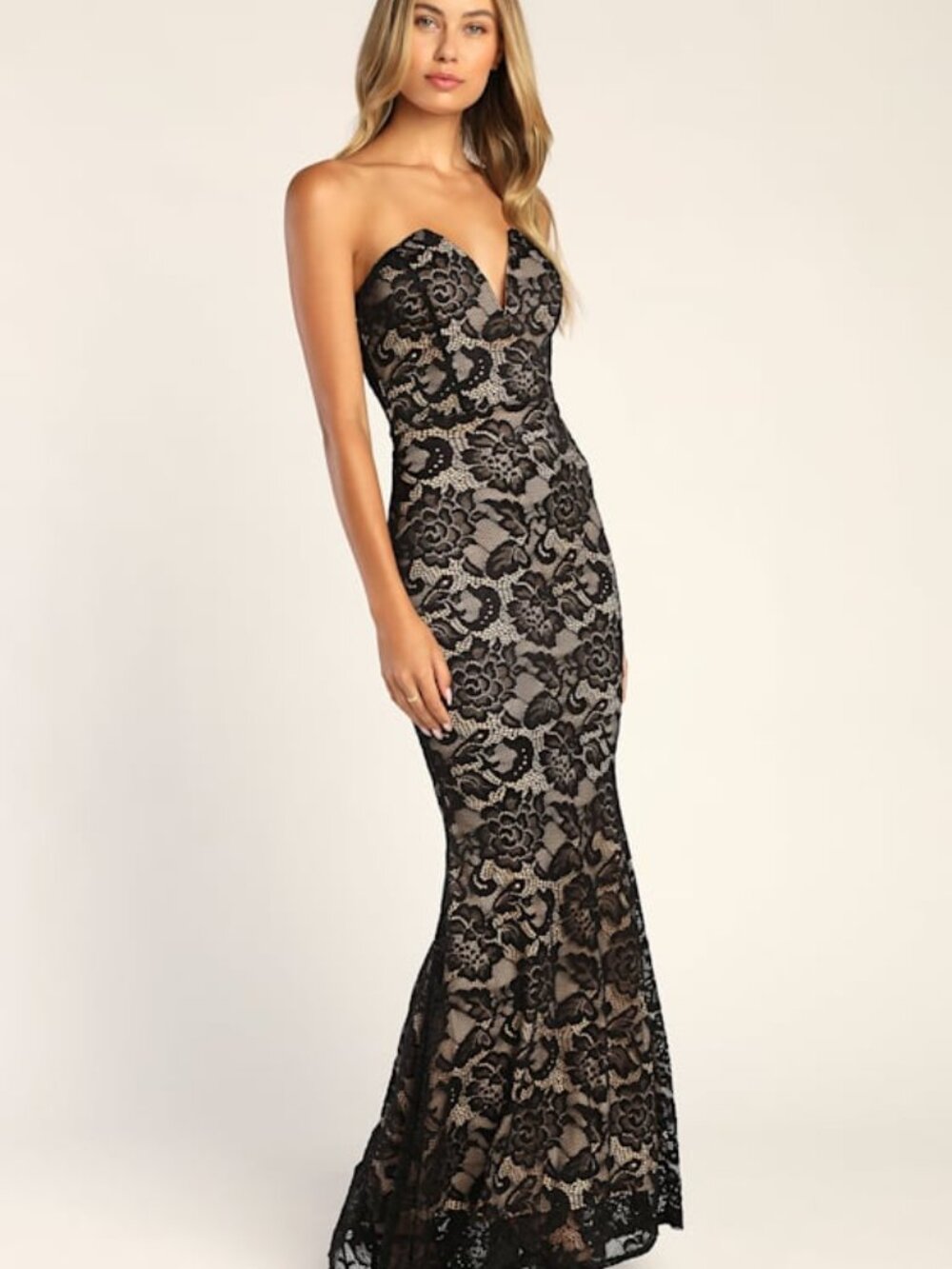 Lulus Sexy Sophistication Black Lace Strapless Trumpet Maxi Dress - Size XS